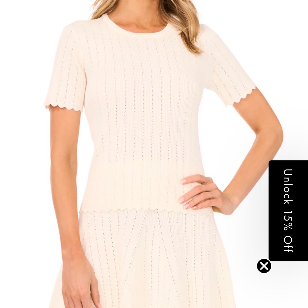 Ted Baker Short Sleeve Crewneck Keyhole Back Top with Pointelle and Rib